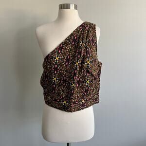 Anthropologie One Shoulder Linen Cropped Top Black Medallion Large